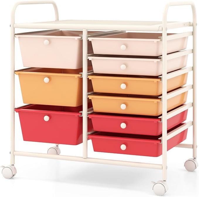 COSTWAY Rolling Storage Cart with 9 Drawer, Utility Cart with Metal Frame | Mobile Art Supply Craft Organizer, Multipurpose Storage Organizer for Paper, Office, School Teacher, Classroom, Macaron