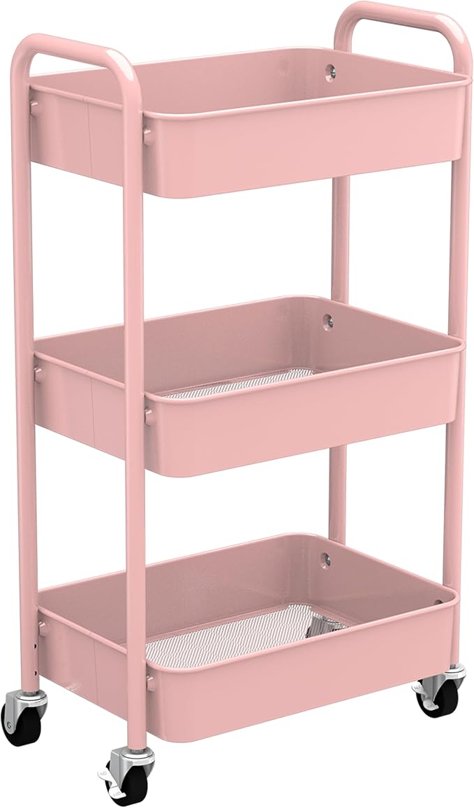 3-Tier Rolling Metal Storage Organizer - Mobile Utility Cart with Caster Wheels, Pink