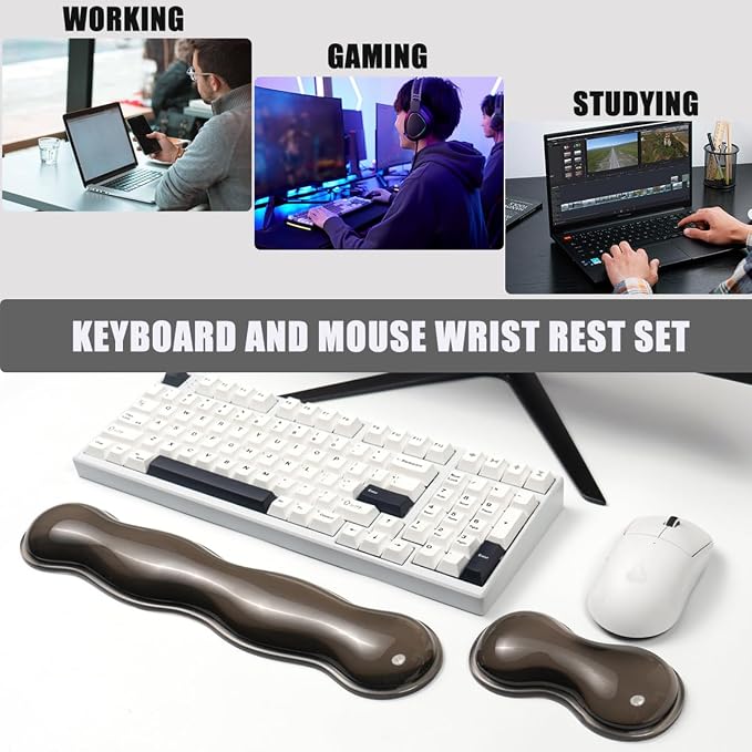 Ergonomic Silicone Gel Keyboard and Mouse Wrist Rest Set – Clear Wrist Rest for Keyboard 60%/68%/75%, Comfort & Support for Typing and Gaming(Grey)