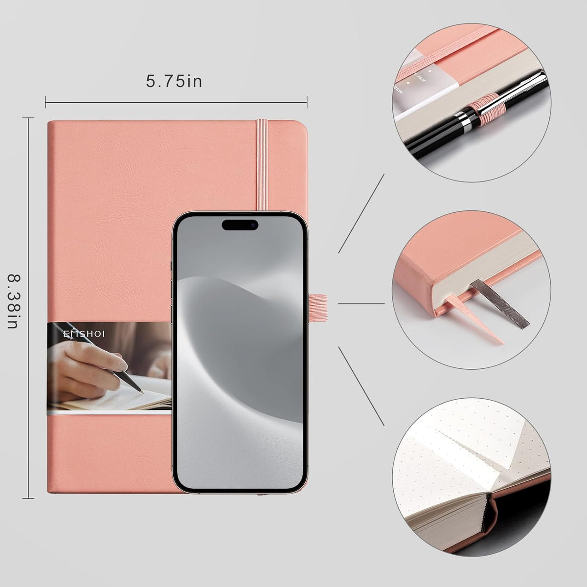 EMSHOI Dotted Notebook - 256 Pages A5 Bullet Dotted Journal, Hardcover Dot Grid Notebook, Leather Notebooks for Work, 120gsm Thick Paper,16 Perforated Pages, Inner Pocket,5.75'' × 8.38''-Pink
