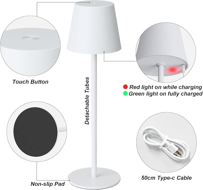 Kakanuo White Cordless Table Lamp Rechargeable - 2 Pack 5000mAH Battery Operated Lamp for Table, 3 Color Stepless Dimming Wireless Lamp for Kitchen Counter, Touch Control