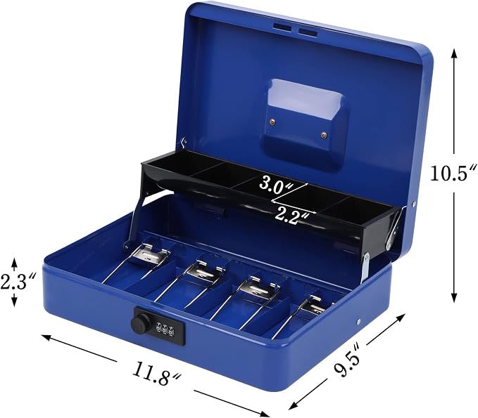 xydled Metal Cash Box, Cash Box with Money Tray and Combination Lock, Storage Box, Blue,4 Bill / 5 Coin Slots,11.8" x 9.5" x 3.5",Blue