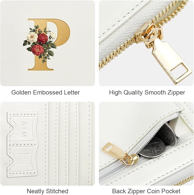 Passport Holder for Travel Personalized Wallet with Wristlet Women | All-in-One Passport Cover, RFID Blocking, Back Coin Pocket, Paper Money Slot, Zipper Closure, Roses Initial Letter, White P