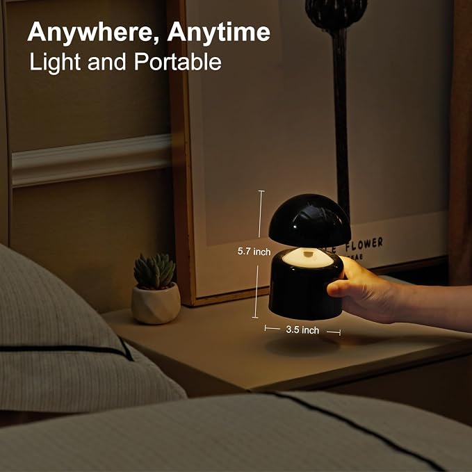 SAIWEYA Modern Cordless Mushroom Small Table Lamp, Dimmable Touch Battery | 3-Way Dimmable, Mini Rechargeable LED Desk Lamp, Night Light, Bedside Nightstand Lamps for Bedroom, Living Room