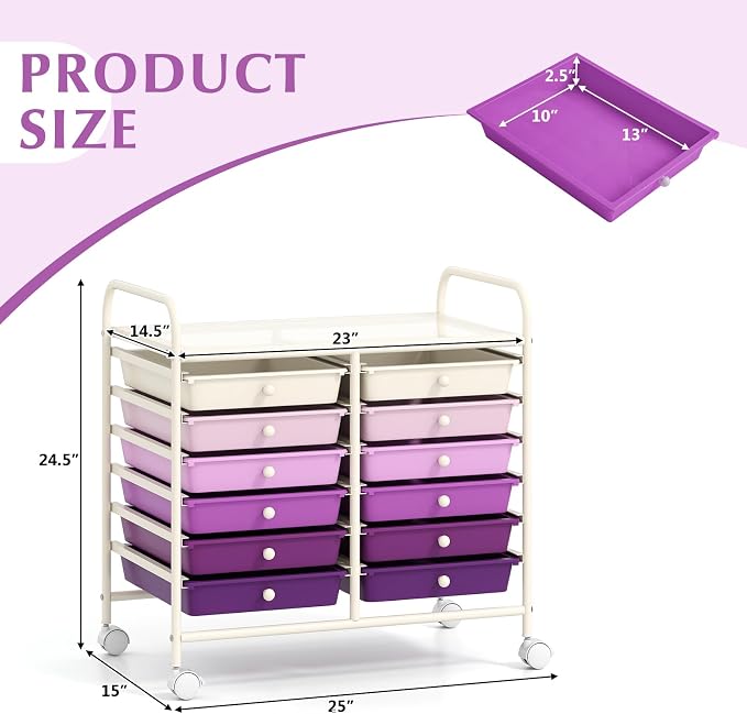 COSTWAY 12-Drawer Rolling Storage Cart, Utility Storage Organizer Cart | For Tools, Scrapbook, Paper, Craft, Multipurpose Art Supply on Wheels for Home Office School, Teacher, Purple Gradient