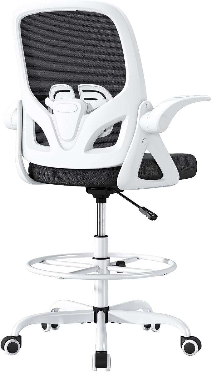 ORRSAKER Drafting Chair, Tall Office Chair with Flip-up Arms, Mesh Ergonomic Computer Standing Desk Chair with Adjustable Height Foot Ring and Lumbar Support, 300 LBS Capacity, White