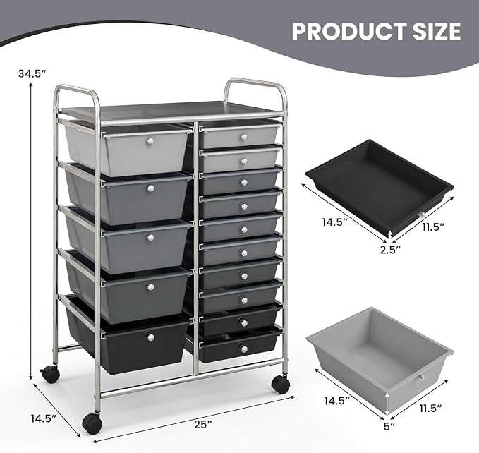 RELAX4LIFE 15-Drawer Storage Drawer Cart - Mobile Rolling Utility Cart with Wheels, Steel Frame, Craft Organizer for Classroom Organization and Storage, School, Office, Home, Gradient Black