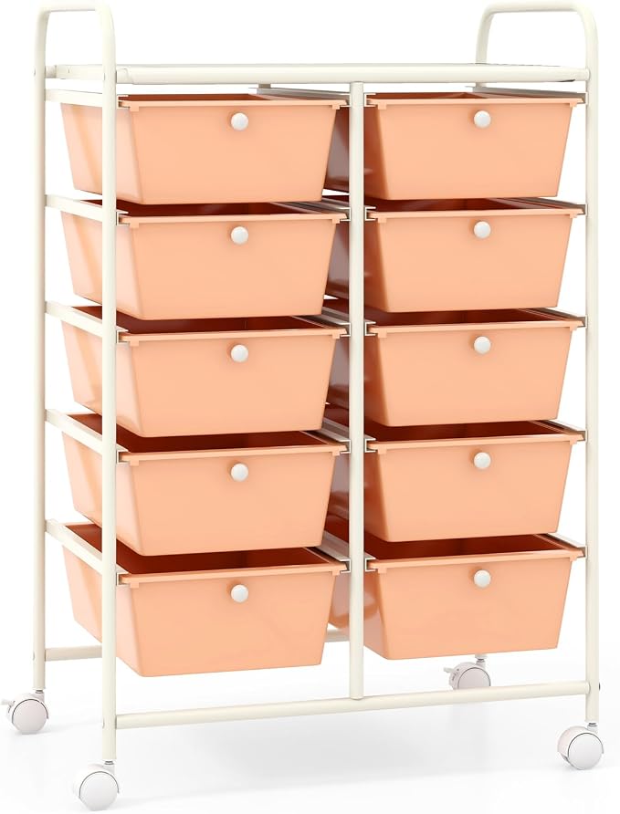 10 Drawer Rolling Cart, Storage Cart Organizer on Wheels, Drawer Cart with Metal Frame & Large Storage Capacity, Rolling Cart with Drawers for Living Room Classroom, Office