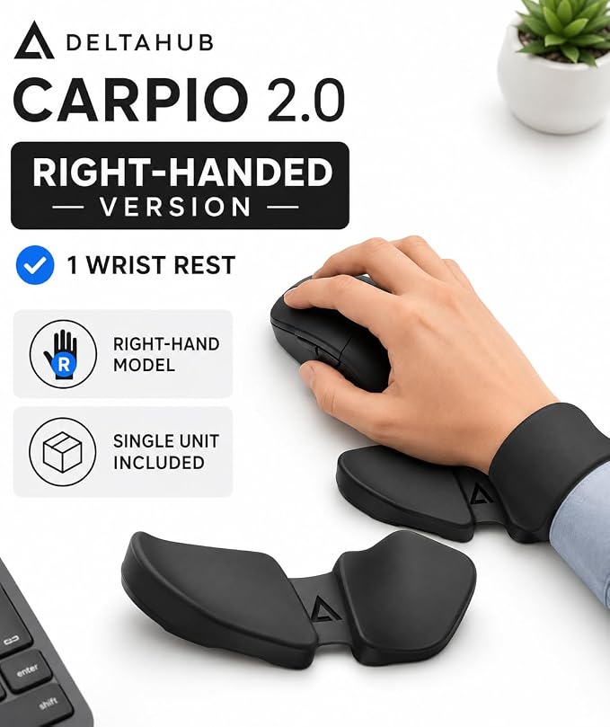 DELTAHUB Carpio 2.0 - Right-Handed Truly Ergonomic Wrist Rest for Mouse, Carpal Tunnel Support, Pain Relief, Anti-Fatigue, Easy Glide, Sleek, Office, Computer, Laptop, Gaming - Large, Black