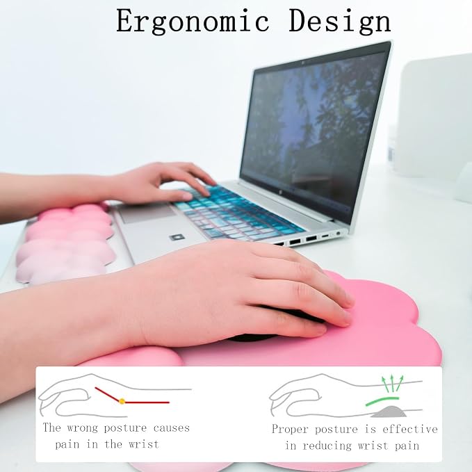 Cloud Wrist Rest Keyboard Pink Mouse Pad Set with Wrist Rest Ergonomic Wrist Pad Memory Foam Non-Slip Base Cute Gradient Wrist Support for Computer Laptop Gaming Home Office Relief Typing Pain