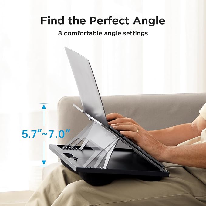 HUANUO Lap Desk with 8 Adjustable Angles – Up to 15.6" Laptop, Grey | Dual-cushion base, carry handle, 30% thicker for durability, wider anti-slip ledge, for home office, sofa, bed, car