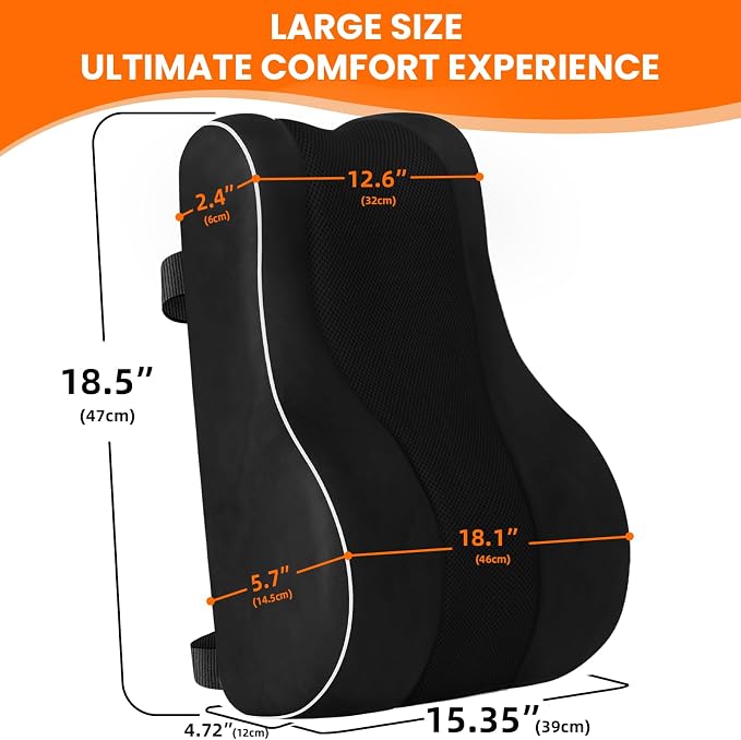 CloudBliss XL Lumbar Support Pillow, Memory Foam for Office Chair, Black | Ergonomic High-Density Memory Foam, Adjustable Straps, Washable Mesh Cover, Lower Back Support for Office, Gaming & Car Seat