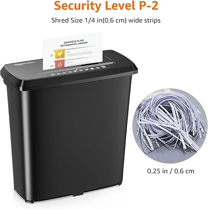 Amazon Basics 8-Sheet Strip Cut Paper Shredder for Home and Office, CD/Credit Card Shredder, 3.4 Gallon Bin, Black