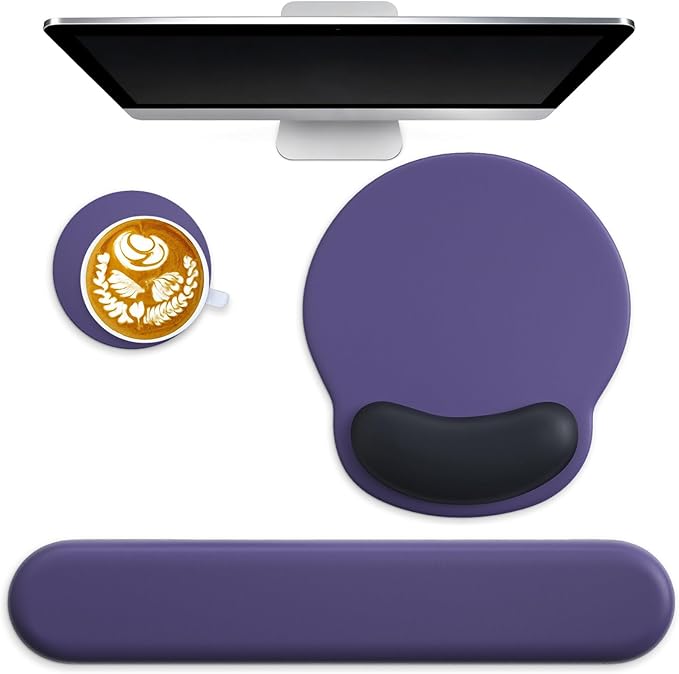 3 in 1 Ergonomic Mouse Pad and Keyboard Wrist Rest with Coaster Set-Purple | Cute Large Mousepad with Gel Wrist Support for Gaming Computer Laptop Women Office Home Desk Decor