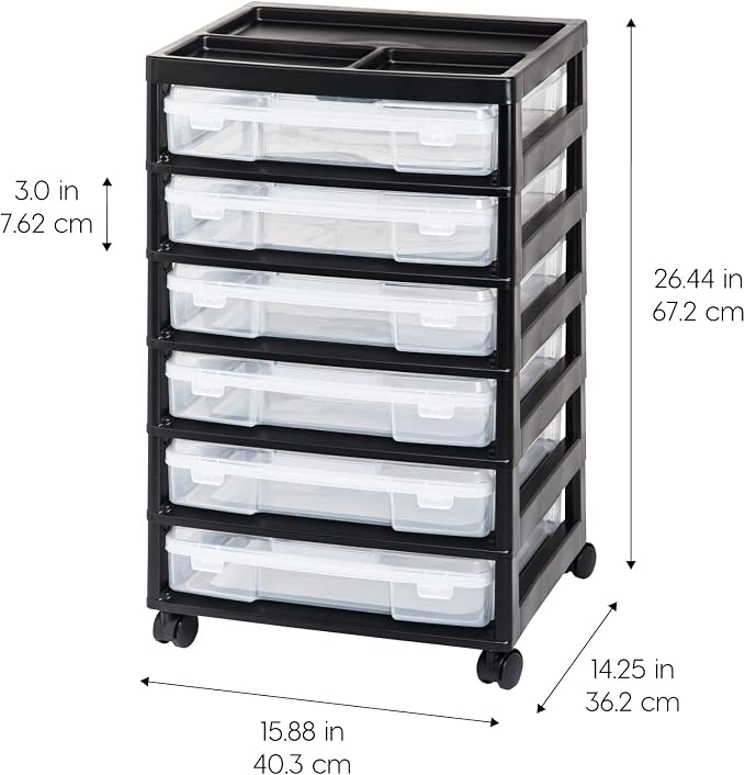 IRIS USA Rolling Cart with Drawers |Made in USA| 6-Tier Cases - Black/Clear | Fits 12"x12" Paper, Built-In Handles, Storage Unit with Supply Top for Craft, Art, Office Supplies, Pens & Pencils