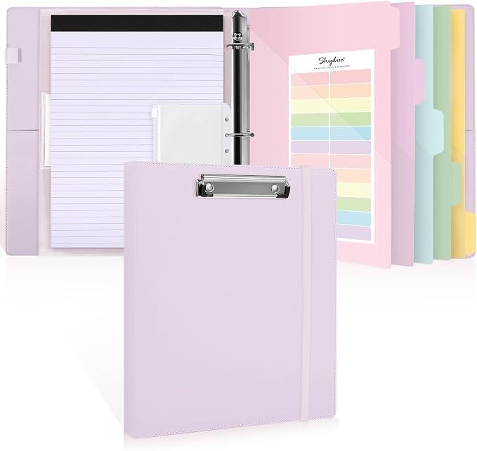 SKYDUE 3 Ring Binder with Clipboard 1 Inch, 13.2" × 10.2" PU Clipboard Binder with Notepad & 5 Dividers with 5 Pockets, Labels, Clipboard Folder Great for School Office (Fit Letter Sized Paper)