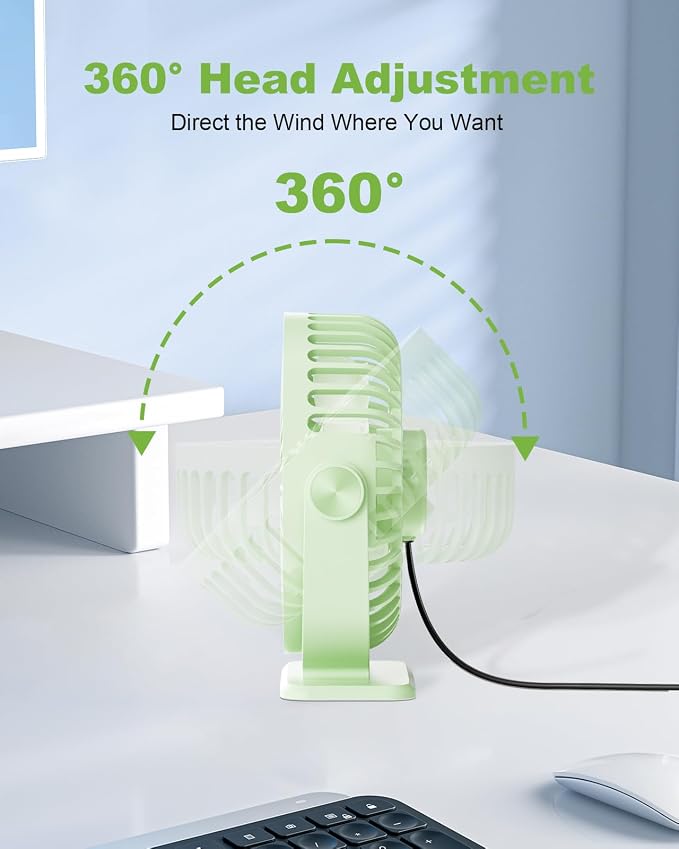 TriPole Desk Fan USB Powered Small Portable, 360°Rotation Mini Personal Fan | Green, 3 Speeds Plug In USB Fan, Desk Fans Small Quiet, 4.9ft Cable, Strong Breeze for Desktop Bedroom Office Table Travel
