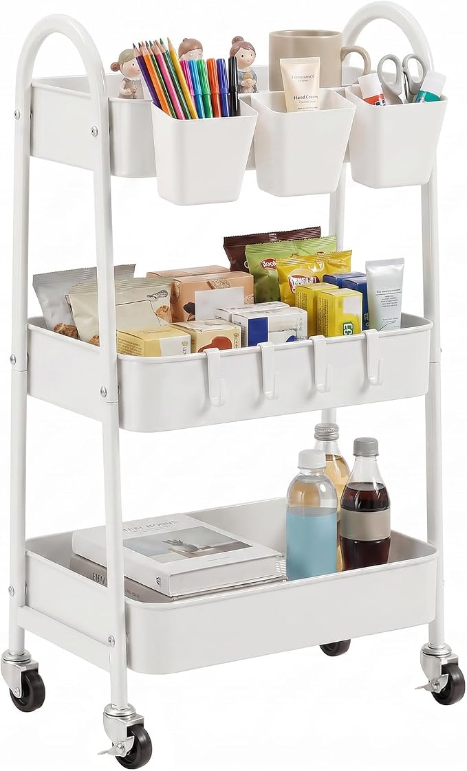 3-Tier Rolling Cart, Utility Cart Mobile Metal Rolling Storage Cart with Lockable Wheels & Hanging Cups & Hooks for Kitchen, Bathroom, Office, Workshop, White