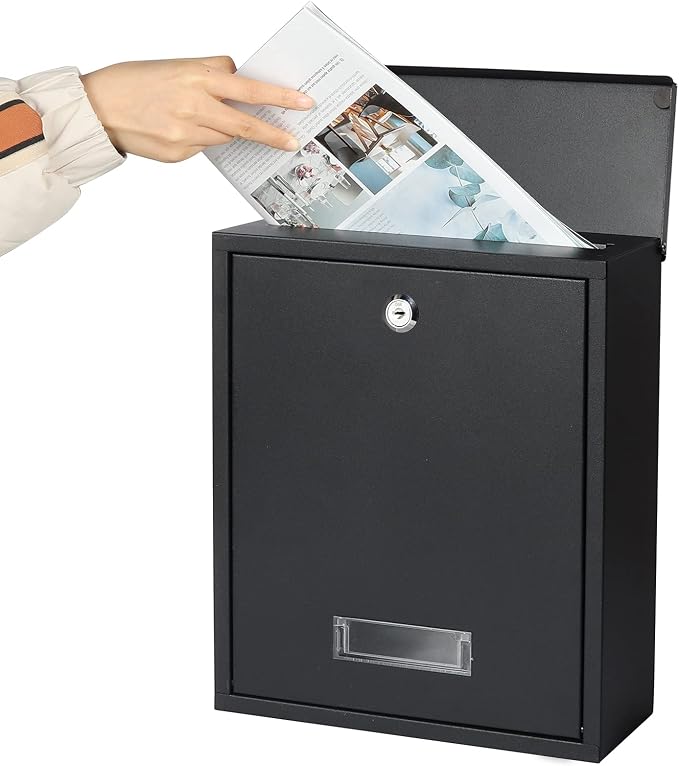 Jssmst Locking Mailbox Wall Mount Key Lock Drop Box Large Capacity with Galvanized Steel Cover and Rust-Proof Metal Post Box, Black Matt, SM-0702LK,Medium