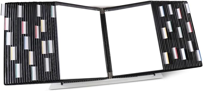 Tarifold Desktop Reference Display System, 50 Pockets, Expandable, Black | 50 double-sided PVC pockets, holds 100 letter-size sheets, sturdy metal base, quick-find indexing, quick and easy to assemble