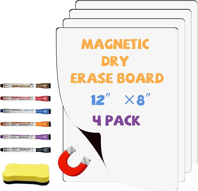 UJL Magnetic Dry Erase Board for Fridge Small White Board 12"X8" 4Pack | Magnetic White Board with 6 Markers & 1 Eraser Fridge Whiteboard For Home Kitchen Organizer and Planner
