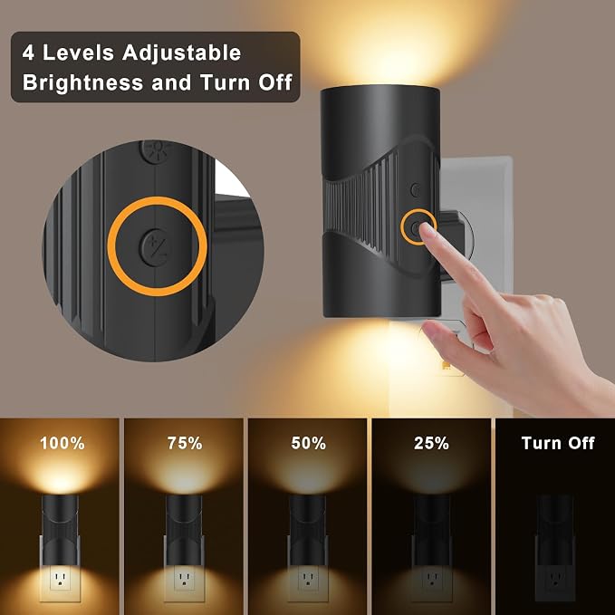 easuntec Night Lights Plug into Wall, Plug in Night Light, Night Light, Dusk to Dawn Light Sensor, 3 Light Modes, Dimmable Night Lights for Bedroom Bathroom Hallway Kitchen Stairs (Black, 2 Pack)