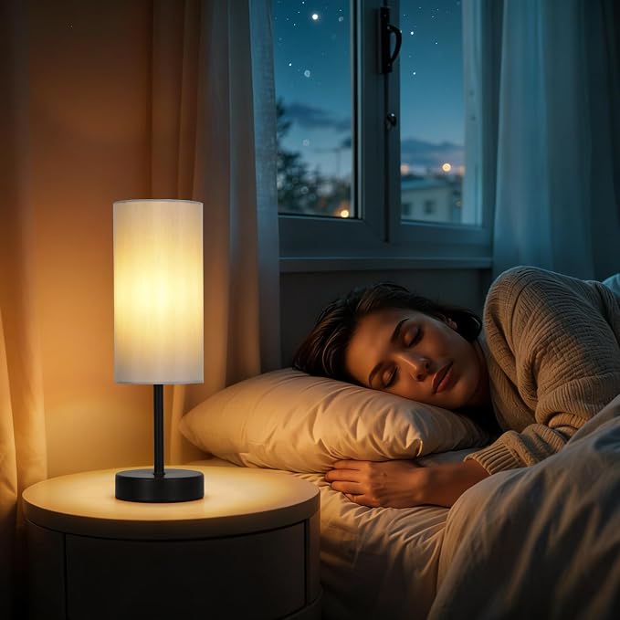 RISLG 2 Pack Small Table Lamps for Bedroom, Bedside Lamps for Nightstand with Wire Switch, Minimalist Modern Desk Lamps with Linen Fabric Shade for Kids Room Living Room Office Dorm, Bulb Included