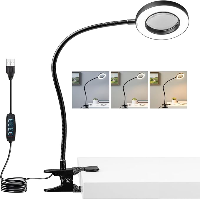 LALISU Clip on Lamp, 5X Magnifying Glass with Light LED Desk Lamp with Clamp Bright Clip Light for Bed Bedside Table, Adjustable Reading Light for Bed, Desk Lights (Black with Magnifying)