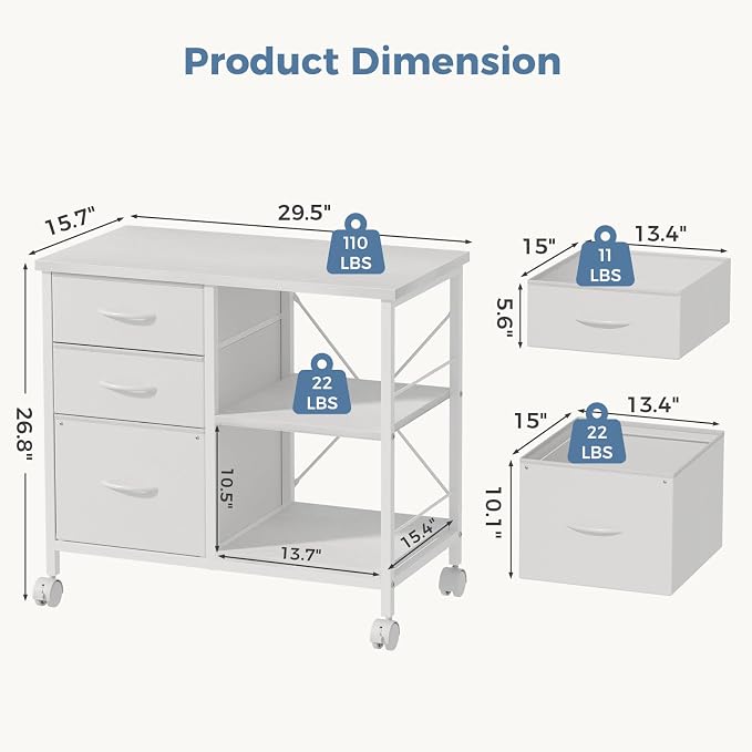 DUMOS 3 Drawer Mobile File Cabinet, Rolling Printer Stand with Storage | Fabric Lateral Filing Cabinet fits A4/Letter Size, Under Desk Drawer Cabinet, Printer Cart for Home Office, White