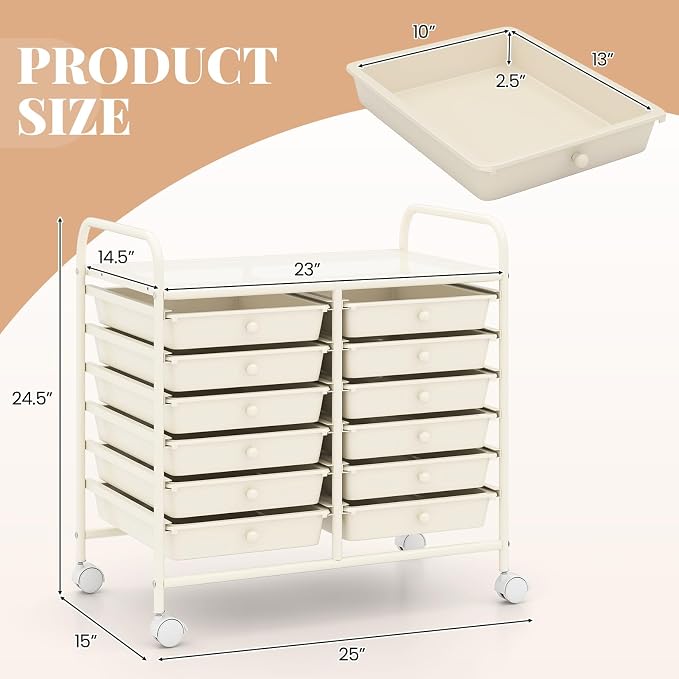 COSTWAY 12-Drawer Rolling Storage Cart, Utility Storage Organizer Cart | For Tools, Scrapbook, Paper, Craft, Multipurpose Art Supply Organizer on Wheels for Home Office School, Teacher, Ivory White