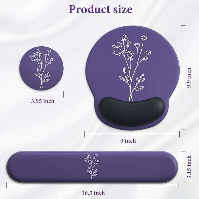 3 in 1 Ergonomic Mouse Pad and Keyboard Wrist Rest with Coaster Set-Purple | Cute Large Mousepad with Gel Wrist Support for Gaming Computer Laptop Women Office Home Desk Decor