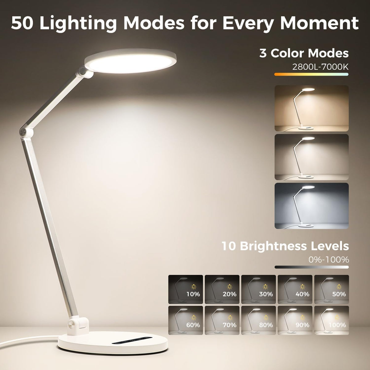 LED Desk Lamp for Home Office, Eye-Caring Desk Light for Video Call, Dimmable 3 Color Temperature 10 Brightness Computer Light, Led Desk Light, Memory & Timer Func, Adjustable Flexible Swing Arm