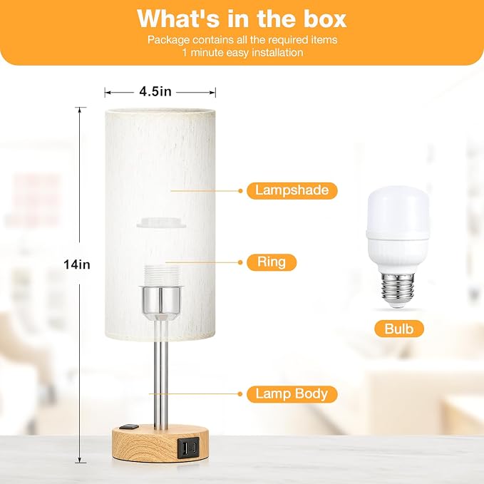 Bedside Table Lamp for Bedroom - Dimmable Touch, USB A+C, AC Outlet | 3-Way Dimmable, LED Bulb Included, Fabric Lampshade, Wood-Grain Metal Base, 14" Small Nightstand Lamp for Desk, Living Room