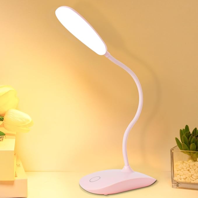 Portable Battery Powered Desk Lamp Small Rechargeable LED Table Light | 400 Lumen Eye Care,3 Color Temperatures,Stepless Touch Dimming,360° Adjustable for Nail Study Dorm Office Bedroom,Pink 1 Pcs