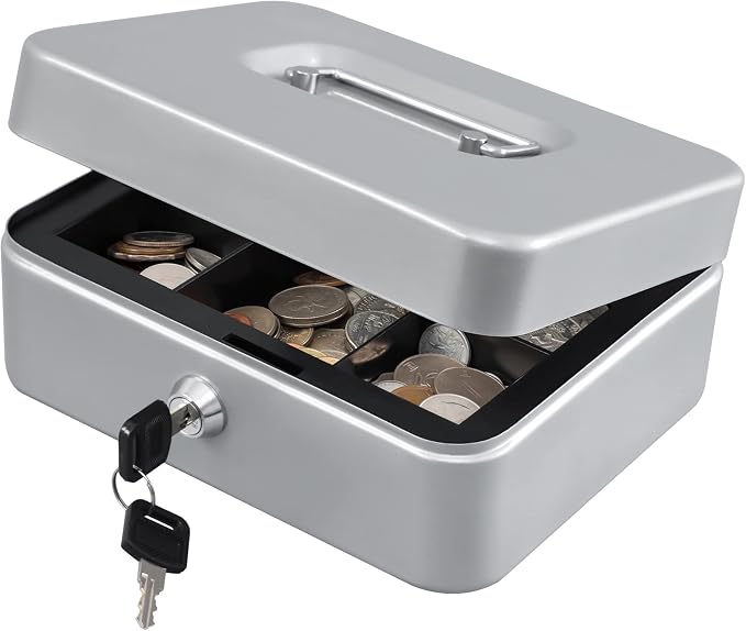 KYODOLED Medium Cash Box with Money Tray,Small Safe Lock Box with Key,Cash Drawer,7.87"x 6.30"x 3.54" Lightgrey Medium