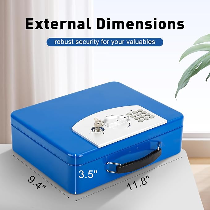 KYODOLED Blue Safe Box with Digital Keypad Lock, Lock Box with Code for Personal Items, Metal Security Box for Cash, Passport, Jewelry, Ideal for Home, Office, Garage Sale, 11.8'' x 9.4'' x 3.5''