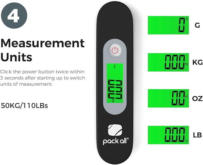 pack all Digital Luggage Scale for Travel, 110Lbs Capacity, 0.1Lb Precision | Handheld, Backlit LCD Display, Lb/Kg/Oz/g Conversion, Tare Function, Battery Included, Black