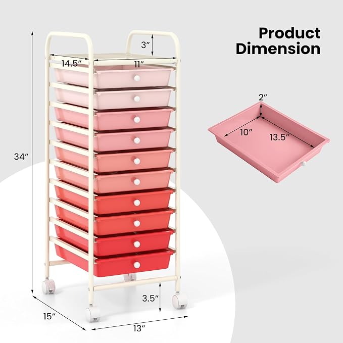 COSTWAY 10-Drawer Rolling Storage Cart, Utility Mobile Trolley | Removable Drawers & Universal Casters & 2 Brakes, Versatile Flexible Drawer Organizer Cart for Home, Office (Mixed Pink)