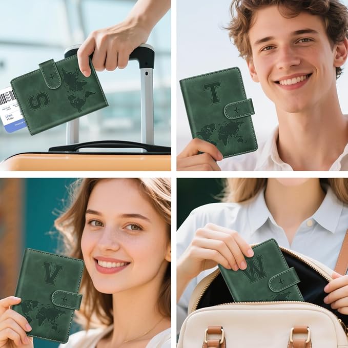 Passport Holder Wallet Cover Personalized Initial Travel Essentials | Embossed Letter A-Z Design, Travel Wallets, RFID Blocking, Passport Book Holders, Women and Men, Personalized Gifts, Green-T