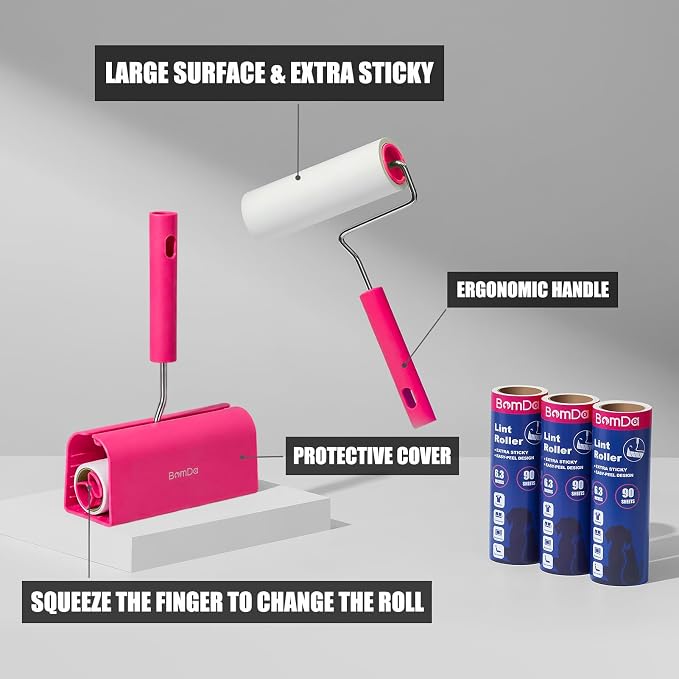 Extra Sticky Large Surface Lint Roller, 6.3''Wide Roller for Pet Hair | Long Handle Lint Remover for Couch, Furniture, Clothes, Dog & Cat Hair Remover (1 Roller+360 Sheets(Pink))