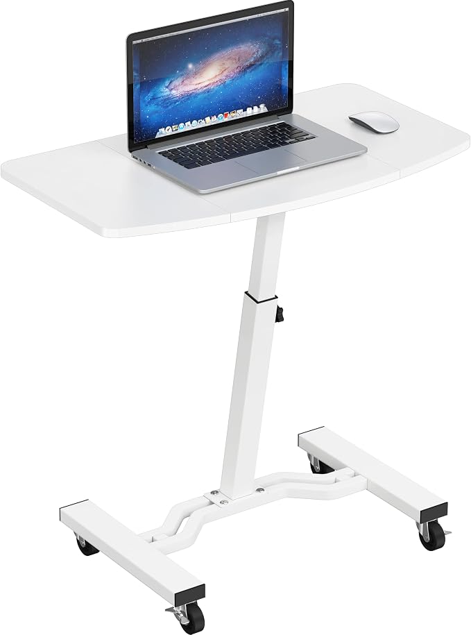 SHW Mobile Height Adjustable Laptop Rolling Cart w/Lockable Wheels, White | Height Adjustable from 28" to 33"