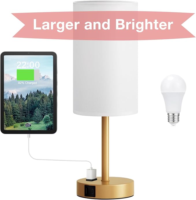 Gold Nightstand Bedroom Lamp - 3 Way Dimmable Bedside Lamp USB C A Charging Ports and AC Outlet, Small Table Lamp Linen Lampshade for Office Desk