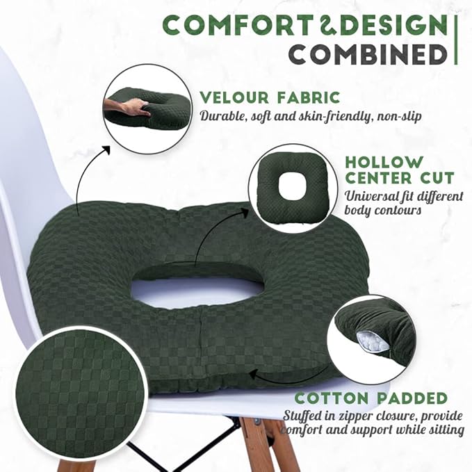 Stuffed Donut Pillow Seat Cushion | for Tailbone and Coccyx Pain, Hemorrhoids, Bed Sores, Pregnancy, Prostate, Surgery Recovery, Sitting Pressure Relief, for Home, Office and Car (Dark Green)