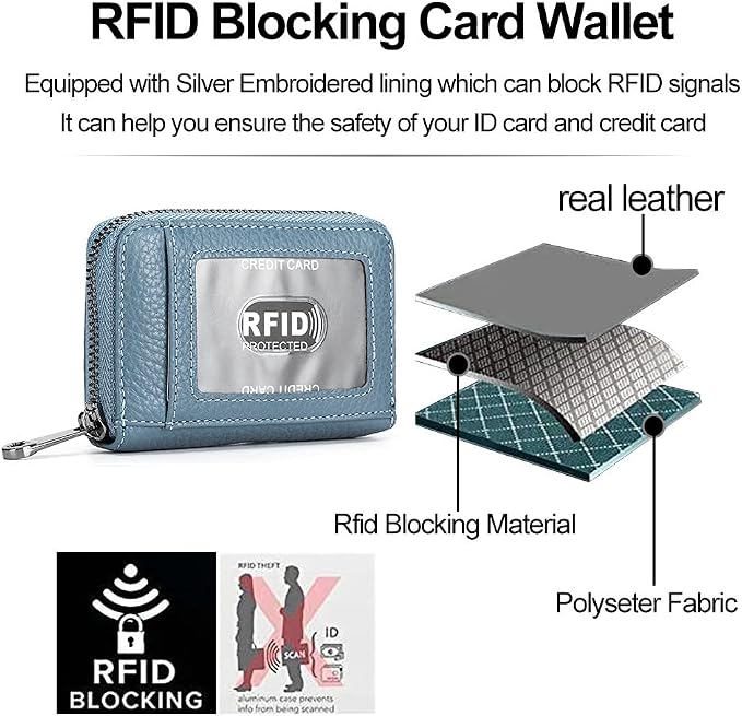 Genuine Leather Credit Card Wallet Accordion Zipper Rfid Credit Card Holder Small Coin Purse with ID Window (blue)