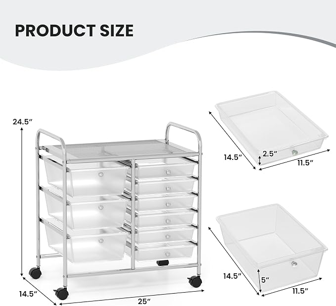 9 Drawer Rolling Storage Cart, Rolling Cart with Drawers for Classroom, Art Supply Craft Organizer on Wheel with Metal Frame & Handles for Home Office School