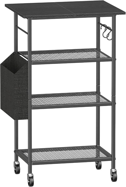 MAHANCRIS 4-Tier Printer Stand, Rolling Printer Table on Wheels, Industrial Storage Stand with Side Pocket, Wooden Tabletop, 2 S-Shaped Hooks, for Home Office, Black PTBK2601