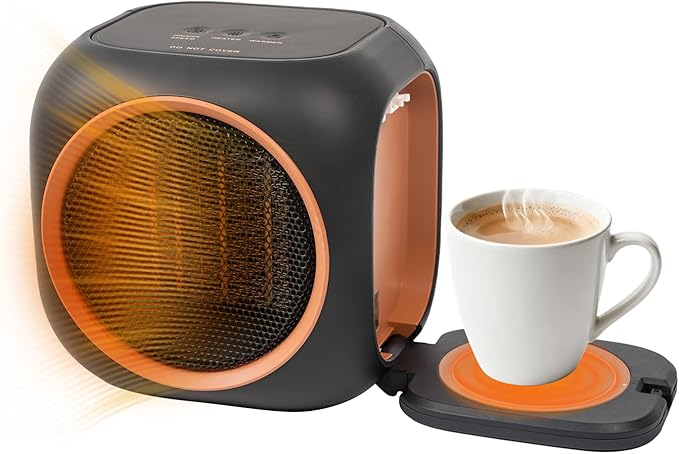Space Heater with Mug Warmer, Electric Space Heaters for Indoor Use with Thermostatc, Candle Warmer Pate for Bedroom, Office, Large Room Use
