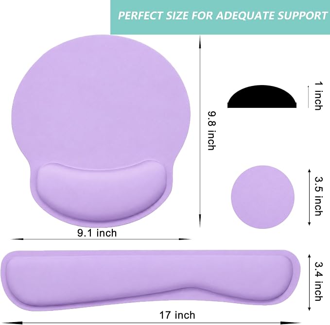 Keyboard Wrist Rest Pad Mouse Pad with Wrist Support Set of 3, Mousepad with Non-Slip Rubber Base, Ergonomic Memory Foam Mouse Wrist Cushion Support for Home Office Laptop Computer Gaming, Purple