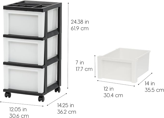 IRIS USA 3-Drawer Rolling Storage Cart, Black/Pearl | Keep classroom supplies, teacher essentials, craft materials, and learning tools organized with easy-access drawers.