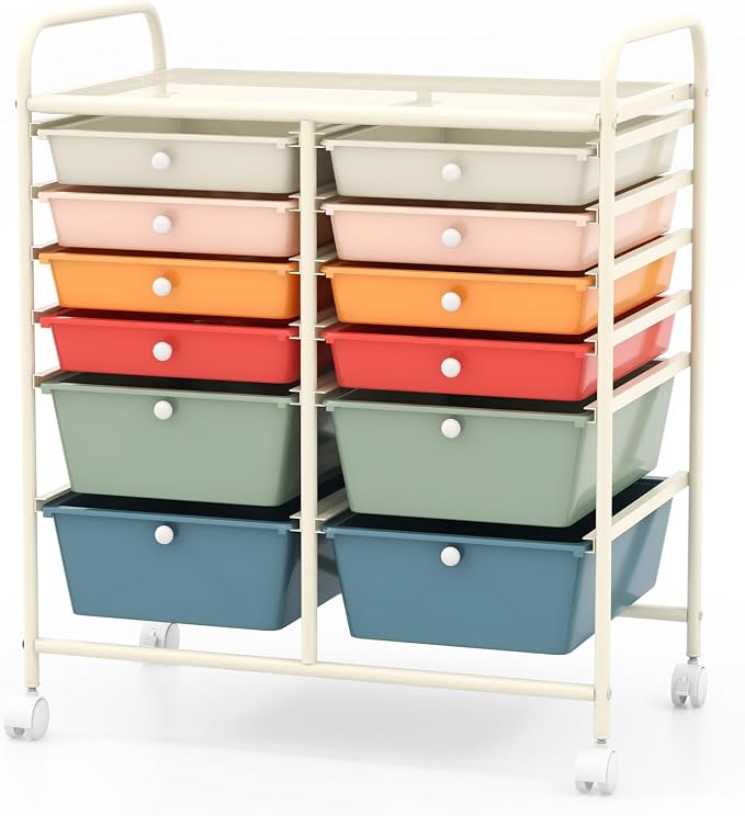 COSTWAY 12-Drawer Rolling Storage Cart, Moveable Art Craft Organizer | Lockable Wheels, Metal Shelf, Files Arrangement Tools Makeup Storage Cart for Office, Home, School (Macaron)